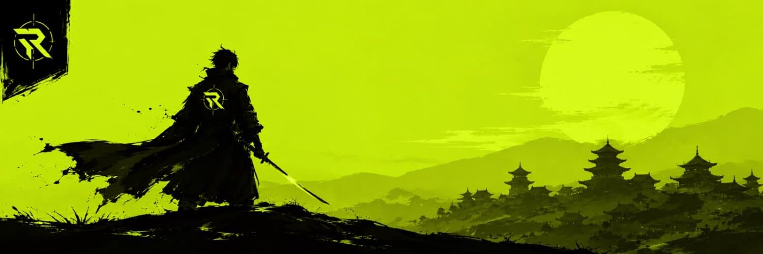 A lone ronin overlooking a volt-green valley of pagodas